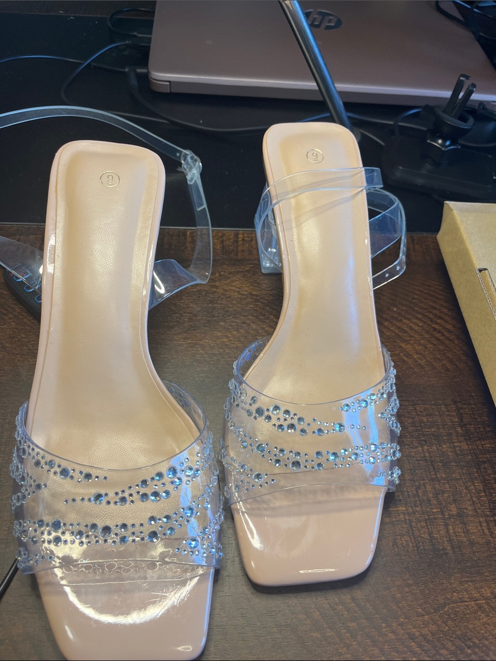 Clear Rhinestone Strap Heeled Sandals in Nude - Women